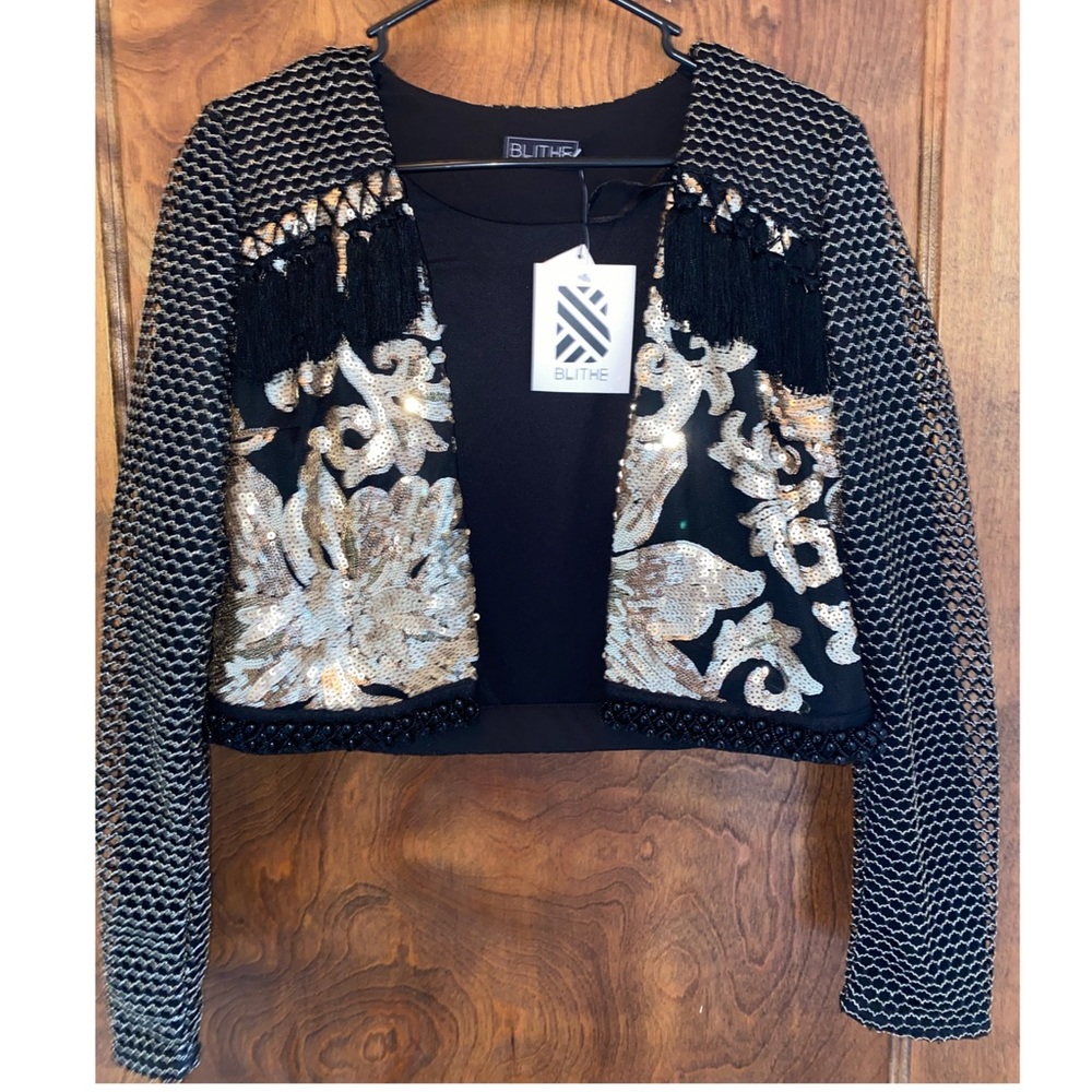 Black and gold sequin cropped blazer with tassels